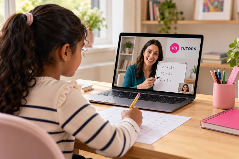Illustrative scene of a primary student learning online with a tutor