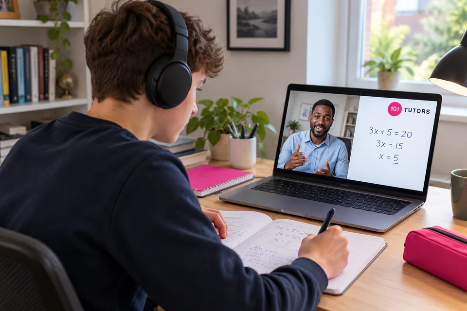 Illustrative scene of a secondary student having a one-to-one online maths lesson