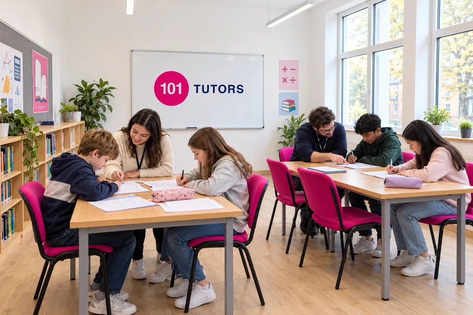 Illustrative scene of tutors supporting students in small groups